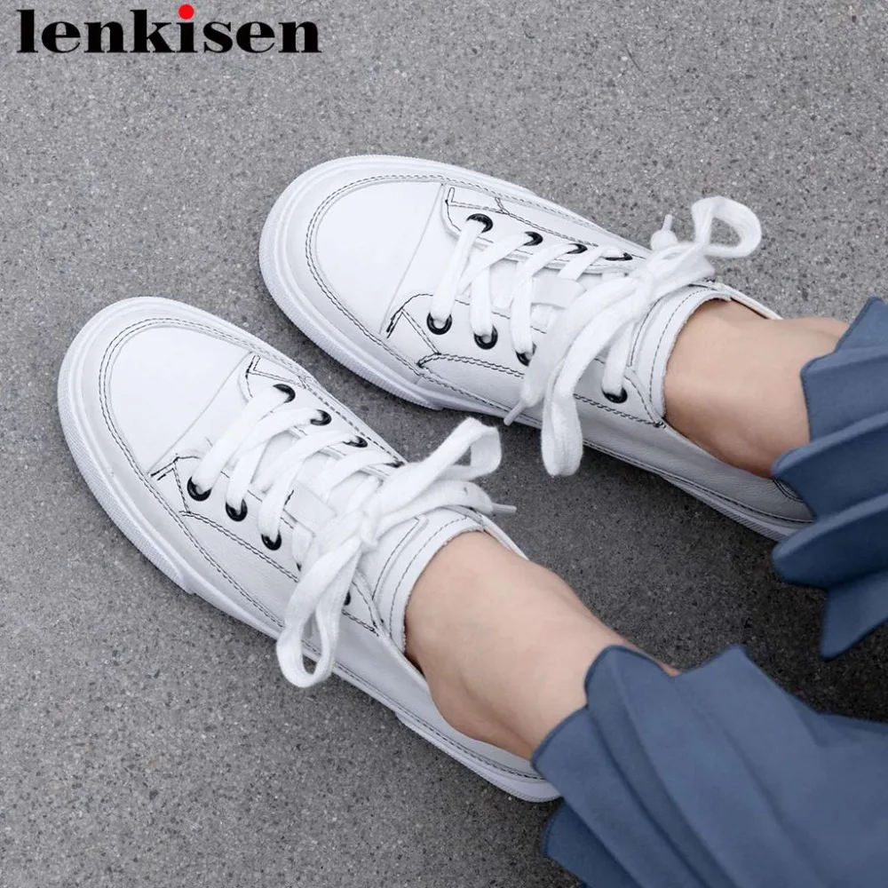 

Lenkisen 2019 British school full grain leather lace up classic white sneakers low bottom round toe loafers vulcanized shoes L02