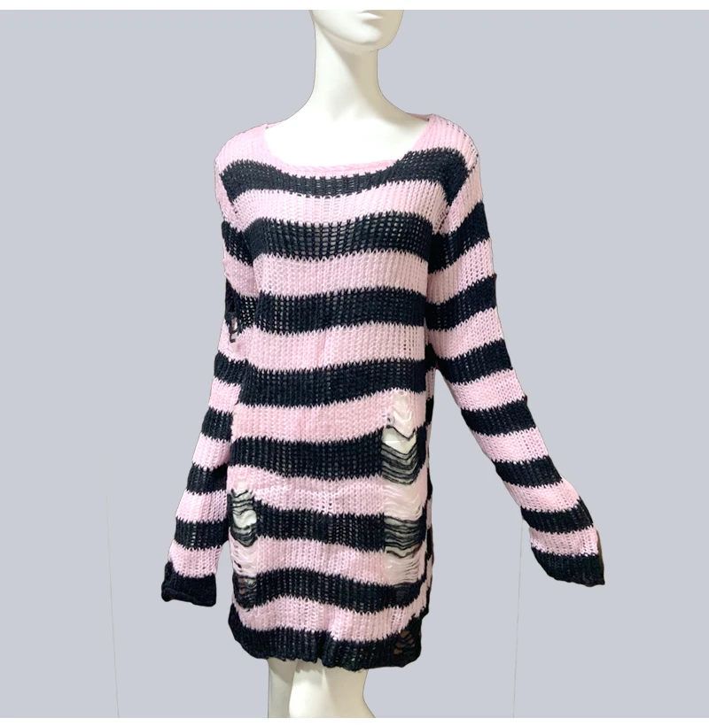 

Women Gothic Punk Oversize Long Sweater Striped Befree Cool Hollow Out Hole Broken Loose Jumper Pullover Knit Sweaters 2019 Pink