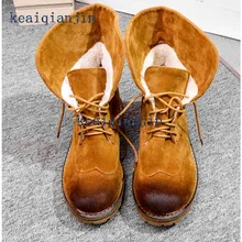 Thick With Ankle Boots 2017 Winter Latest Warm Plush Round Toe Lace-Up Woman Shoes Large Size 33cm-43cm Nubuck Black Gray Brown