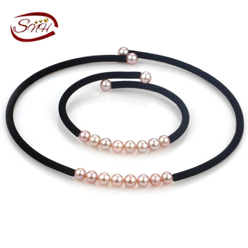 

SNH 6mm AA round purple Real Bridal Freshwater Pearl Jewelry Sets Women,White Natural Pearl Necklace Sets Jewelry 925 Sterling S