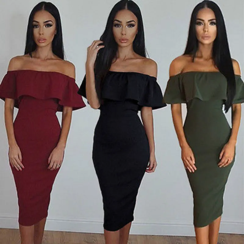 Fashion Women Off Shoulder Ruffles Bodycon Mini Dress Party Cocktail