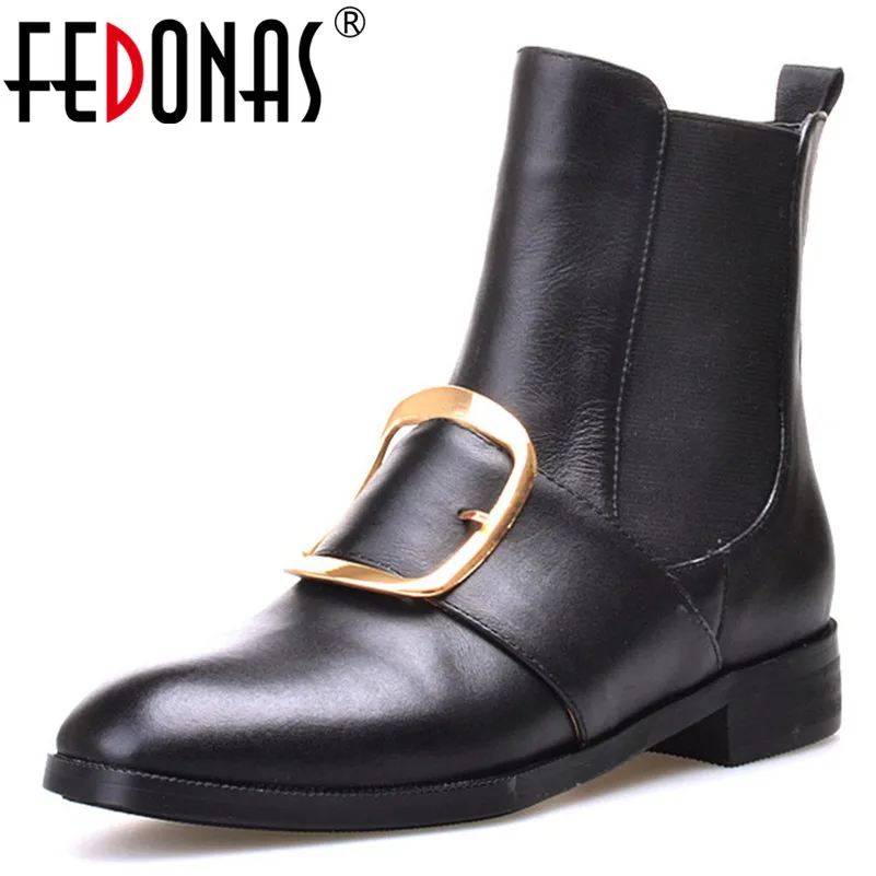 

FEDONAS 2019 Spring Autumn Women Ankle Boots Fashion Round Toe Square Heels Chelsea Boots Genuine Leather Slip on Party Shoes
