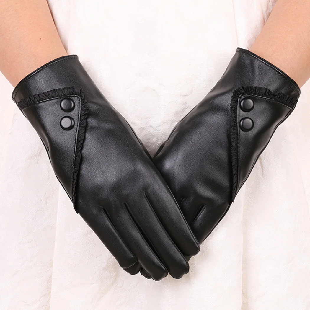 Элегантные женские кружевные теплые перчатки Европейский Стиль наручные перчатки женские зимние тачскрин PU кожаные перчатки варежки Guantes