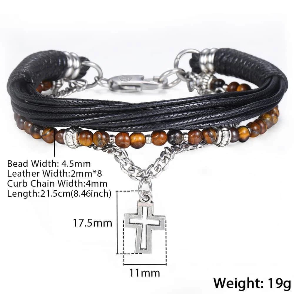 Davieslee Mens Beaded Bracelet Leather Stainless Steel Curb Cuban Chain Cross Pendant Charm 3 Layers Brown Bracelets DDLB71 - Окраска металла: DLB71