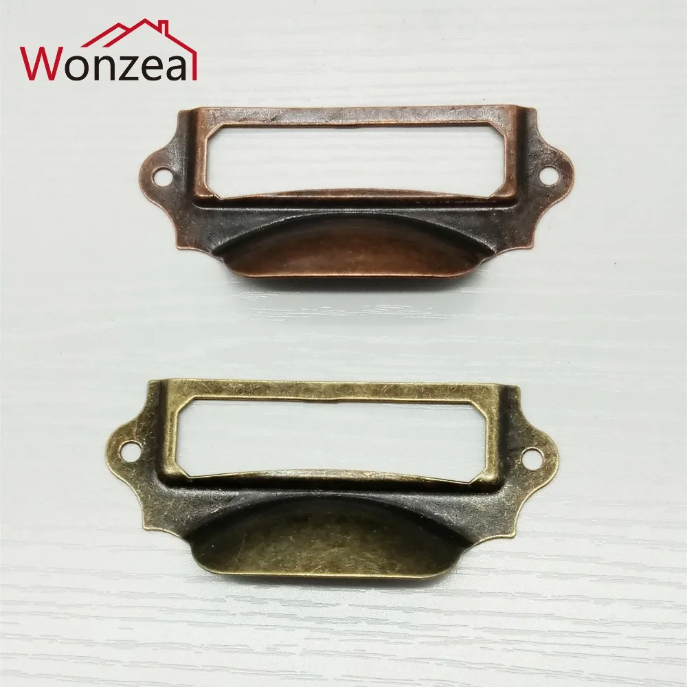 

10pcs/lot Antique Brass / Red Copper Vintage Metal Label Pull Frame Handle Card Holder For Furniture Cabinet Drawer Box 90*43mm