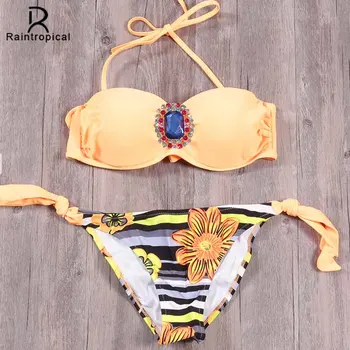 

Raintropic 2019 New Swimwear Bikinis Sexy Women Swimsuit Summer Bandeau Bikini Printed Bikini Set Solid Beach Bathing Suits