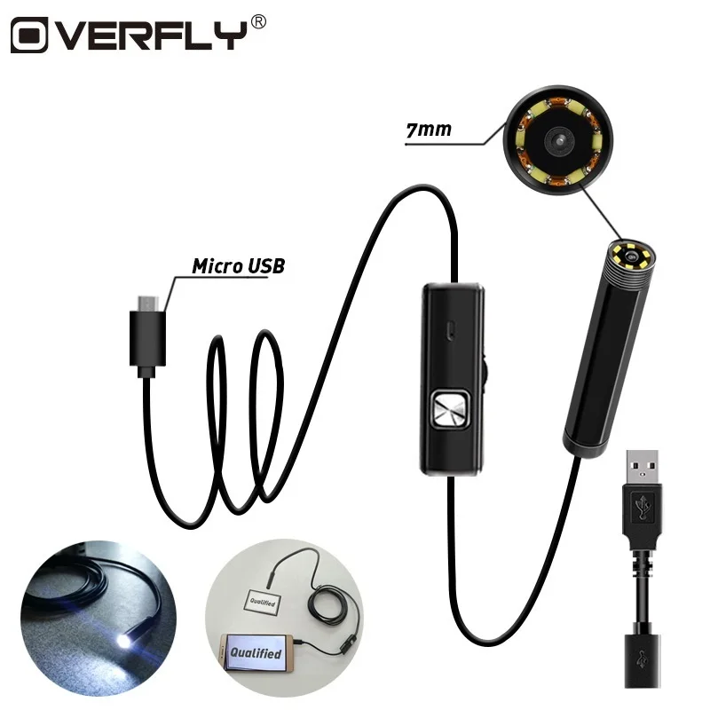 Overfly 7 мм линза эндоскопа камера Micro USB 1 водостойкий эндоскоп провода Змея трубы инспекции бороскоп для андроида телефоны