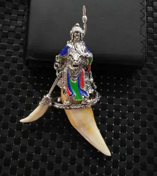 

Chinese Antique Tibetan silver Guan Gong pan long dog tooth big pendant