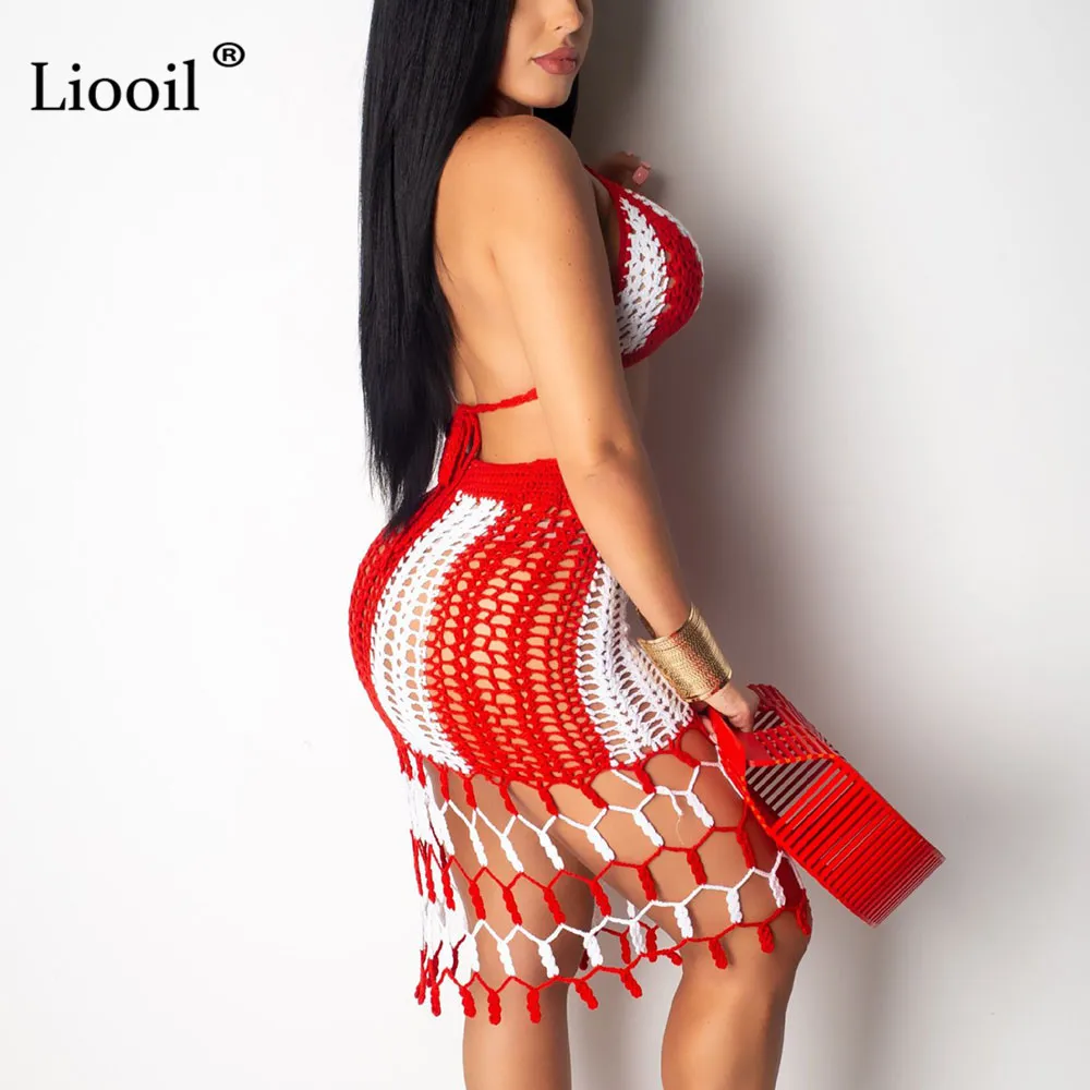 Liooil, трикотажное Сетчатое летнее пляжное платье из 2 частей,, Сексуальные облегающие вечерние платья с открытой спиной, облегающие платья, клубная одежда
