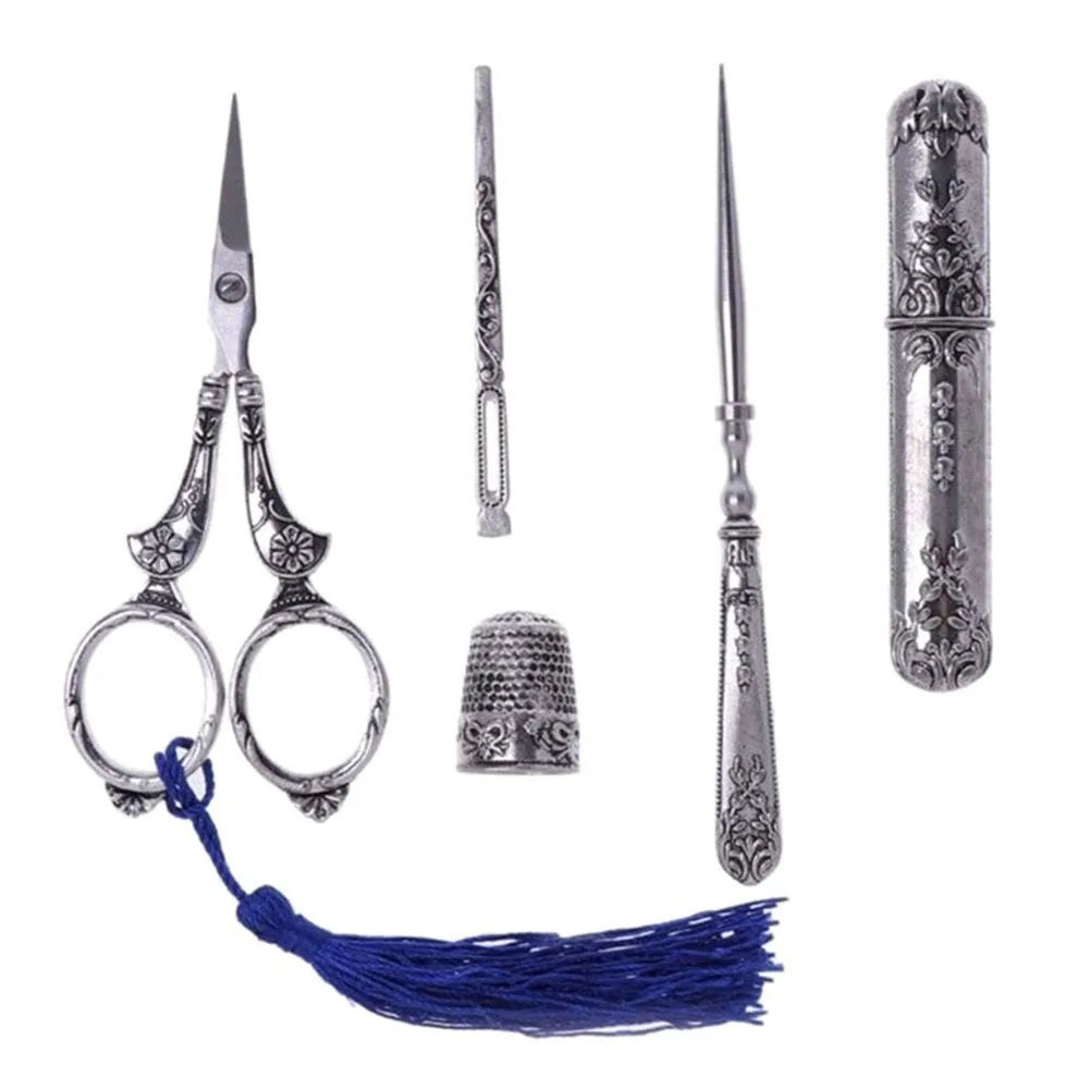 

Sewing Scissors Set Vintage Embroidery Tool Alloy Awl Threader Thimble Needle Case Kit MAL999