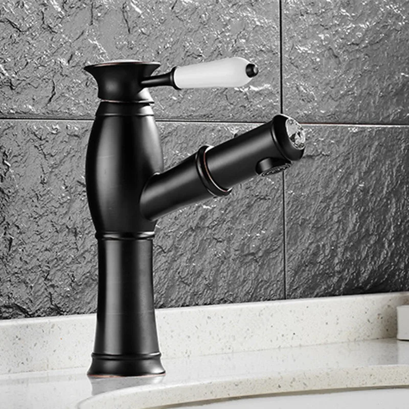 

Free Shipping Contemporary deck mouted pull out bathroom basin faucet with hot cold black basin sink water faucets