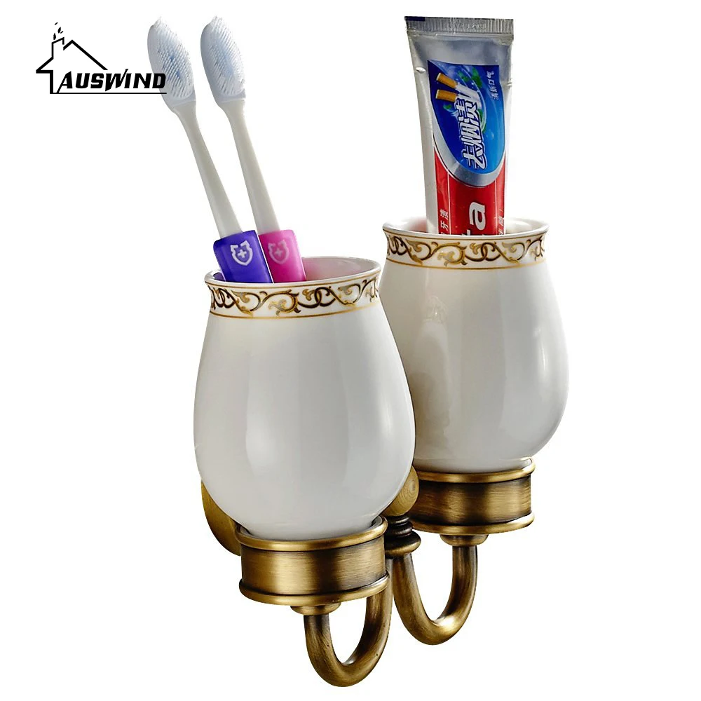

European Antique Cup & Tumbler Holders Brass Carved Gold Double Cup Toothbrush Holder Pvd Coating Bathroom Products AC