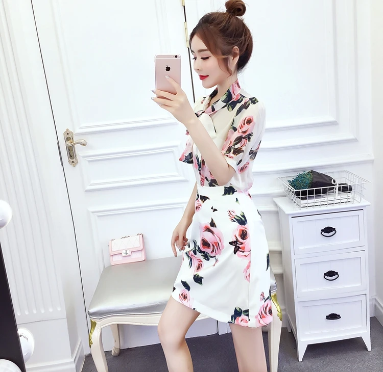 Two piece set floral print Rose Bows Shirts top and skirt set Summer elegant party slim Nice runway midi skirts suits CC209