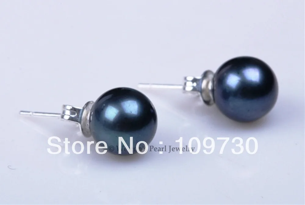 

ry00114 WHOLESALE 10 8-8.5MM BLACK ROUND CULTURED FRESHWATER PEARL STUD EARRING SILVER A0422 -Top quality free shipping
