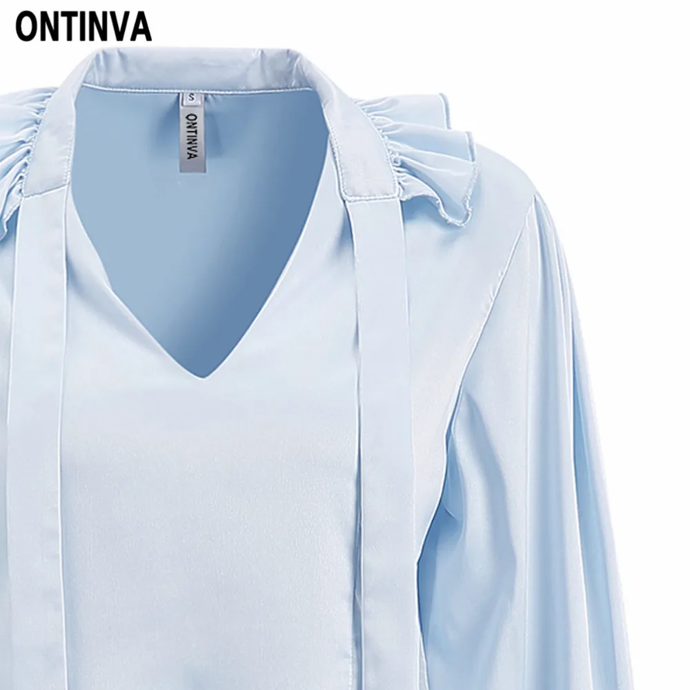 2020 Plus Size Ruffles V Neck Blusas Tops with Bow Tie Sky Blue Vintage Feminina Long Sleeve Womens Casual Shirts and Blouses - 32849034404