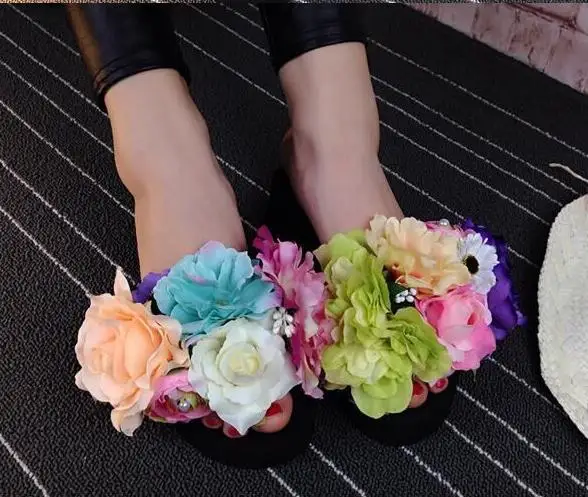

HAHAFLOWER Women Flowers Wedges Flip Flops Sweet Flower Slippers Woman Sandals Platform Shoes Beach Flip-flops Slippers