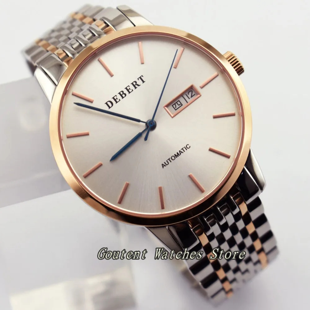 

40mm Debert Stainless Steel Bracelet Rose Gold Case Silver Dial Automatic Men's Watch