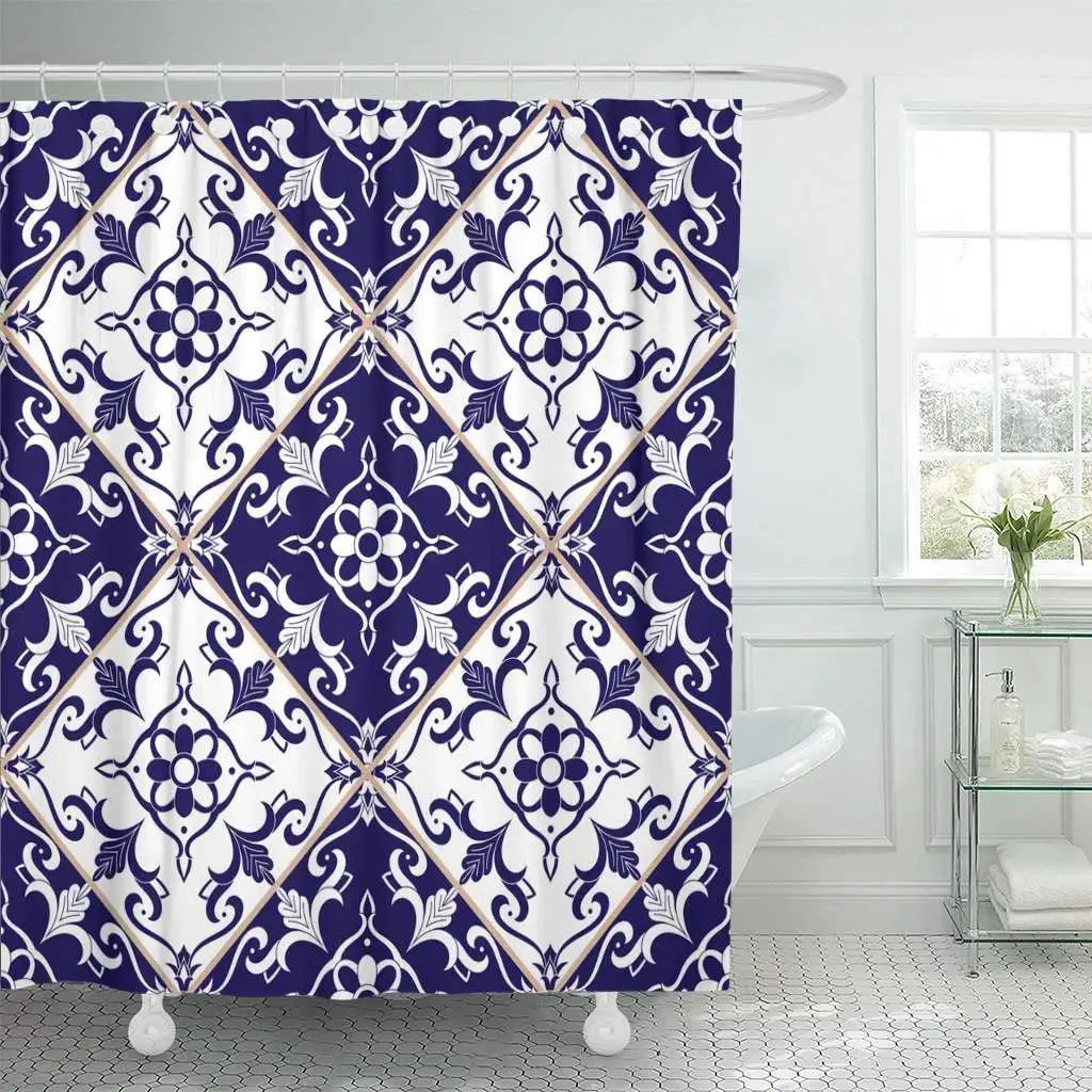 Shower Curtain Talavera Portuguese Pattern with Blue and White Chess Ornaments Arabic Azulejo Azulejos Bathroom Decor | Дом и сад