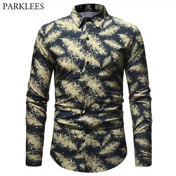 

Luxury Gold Feather Print Shirt Men 2019 New Spring Casual Slim Mens Button Down Dress Shirts Long Sleeve Party Prom Camisas 3XL