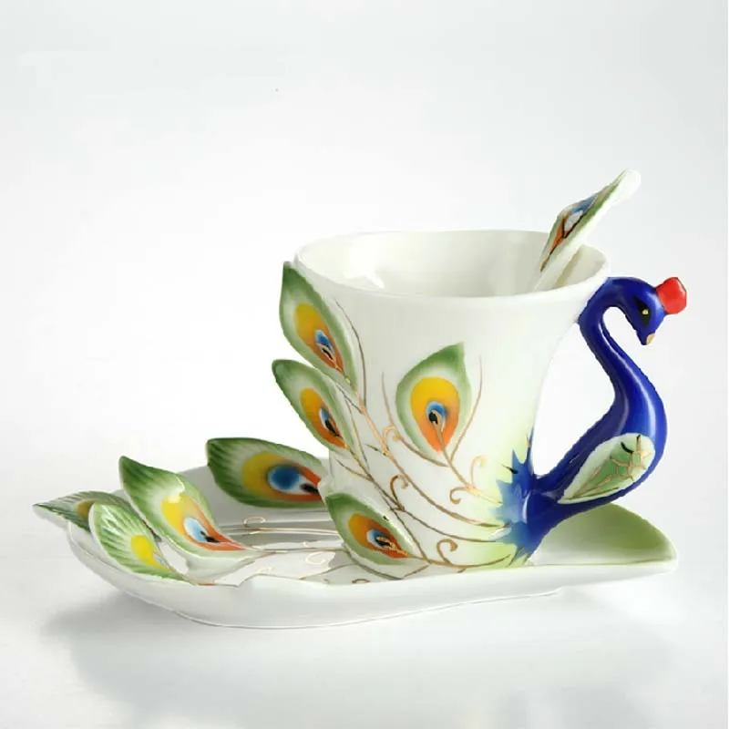 Chinese Ceramic Cup Porcelain Coffee Mug Peacock Design China Tea Set 6