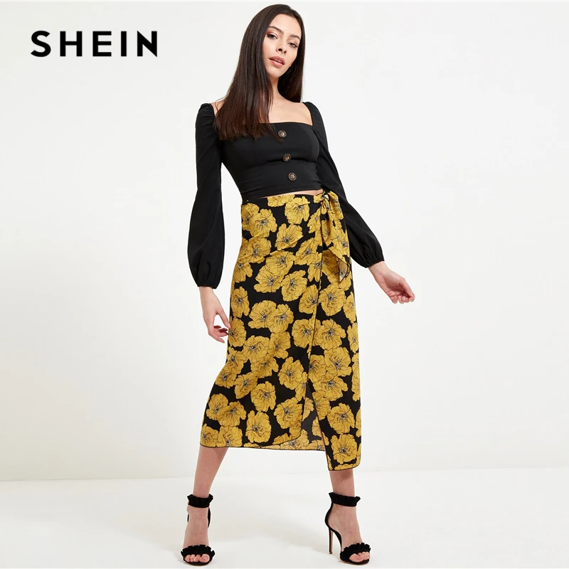 Женская юбка с цветочным принтом SHEIN длинная узелком богемная разрезом со