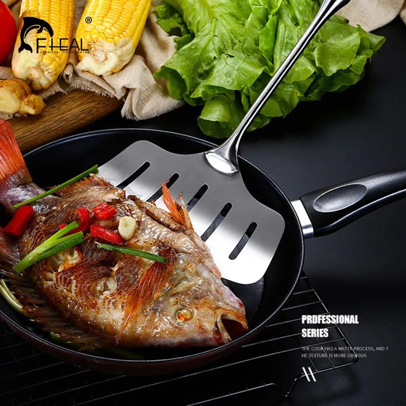 

FHEAL 1pc Stainless Steel Beef Meat Fish Turners with Long Handle Non-stick Kitchen Scraper Wide Pizza Shovel Cooking Utensils