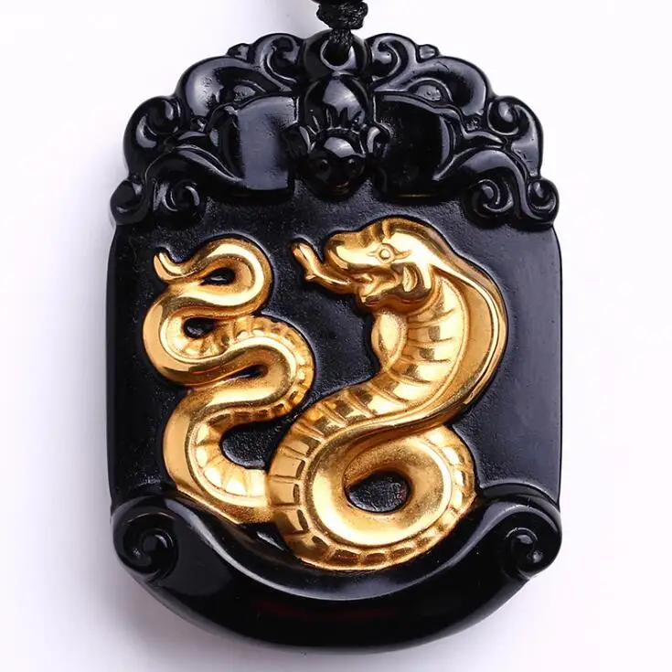 

Beautiful Natural Black Obsidian Carved Gold Color Chinese Zodiac Snake Lucky Amulet Pendant + free Necklace fashion Jewelry