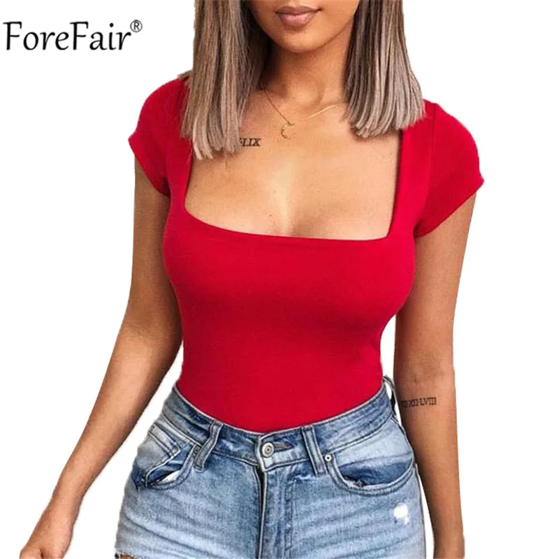 

ForeFair Sexy Black Bodysuit Women Body Short Sleeve White Red Bodysuit Romper Womens Summer Bodysuits Square Collar Streetwear