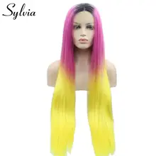Sylvia термостойкие волокна волос длинные шелковистые прямые ombre розовый до желтый синтетический парик фронта шнурка темный корень Косплей drag queen