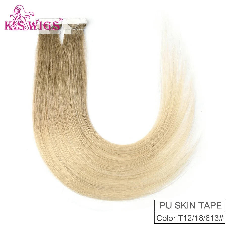 T12/18/613 # K.S парики прямые Remy Hand tiked Tape искусственная кожа утка человеческие волосы для наращивания салон образцы 10 шт. для тестирования 16 ''20'' 24'' - Цвет: T12/18/613 #