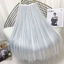 Женская длинная Плиссированная Юбка эластичная высокая талия 5 цветов яркие блестящие Saias Faldas Jupe Femme модные дизайнерские женские сетчатые юбки