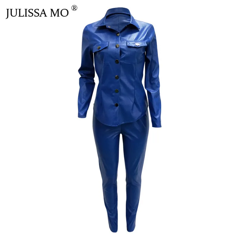 JULISSA MO 2 Piece Set PU Leather Tracksuit Women Overalls Long Sleeve T-Shirt+High Waist Pants Casual Button Jumpsuit Outfits JULISSA MO 2 Piece Set PU Leather Tracksuit Women Overalls Long Sleeve T-Shirt+High Waist Pants Casual Button Jumpsuit Outfits