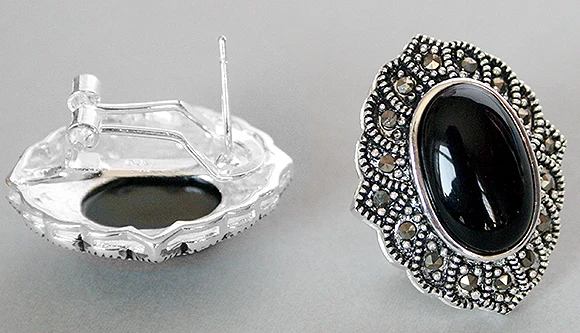 

VINTAGE 925 SILVER NATURAL BLACK AGATE MARCASITE STUD EARRINGS 1" 5.29