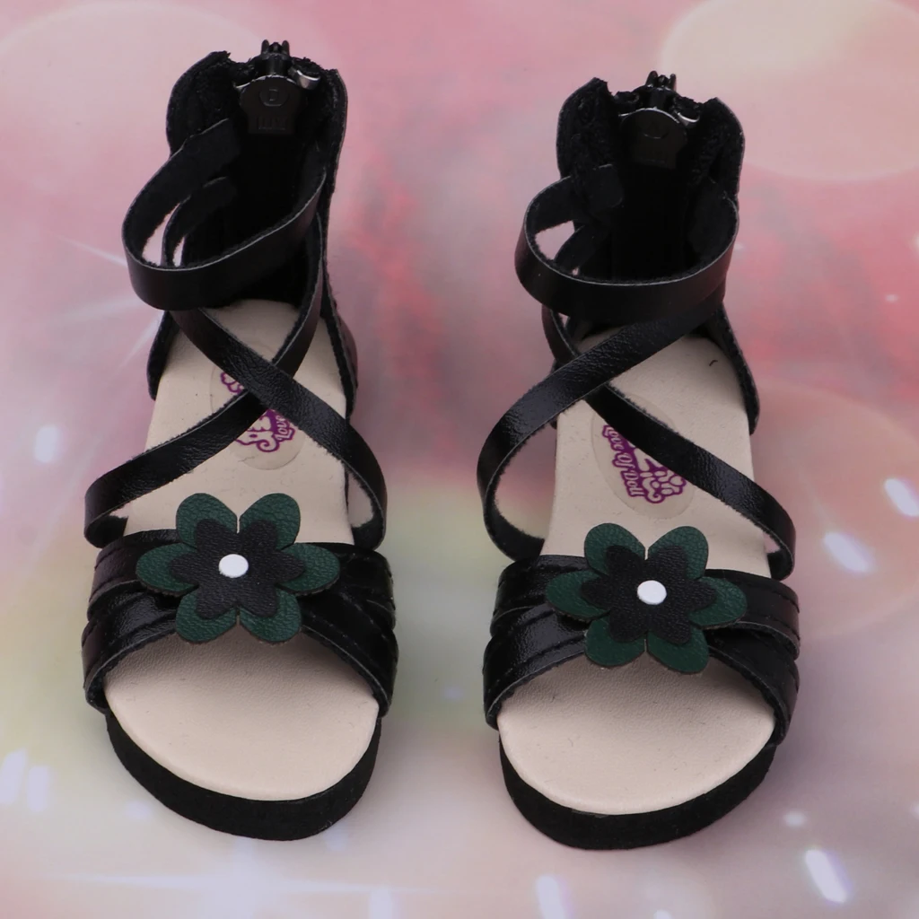 Fashion Girl Dolls PU Shoes Flower Sandals Flats For Dollfie 1/3 BJD Doll Summer Costume Accessories Black