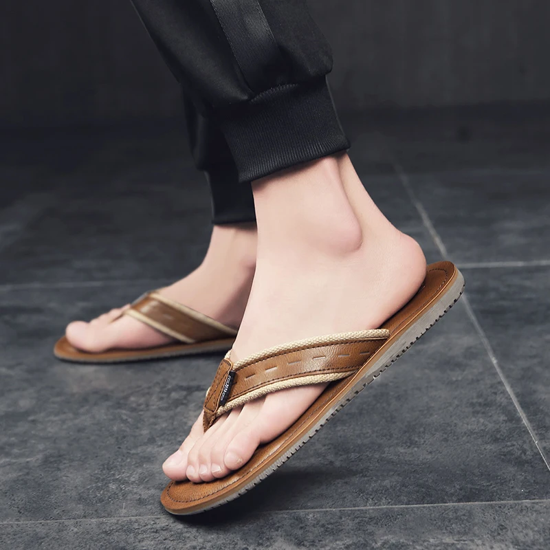 

Crazy horse skin flip flops retro casual trend summer slippers