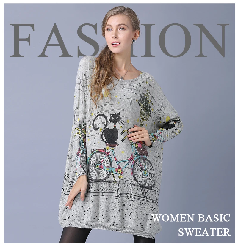 HCYO 2018 Women Casual Coat Batwing Sleeve Print Woman Sweaters Pullovers Clothing  Winter Long Oversized Cat Bicycle Print Sweater  (1)