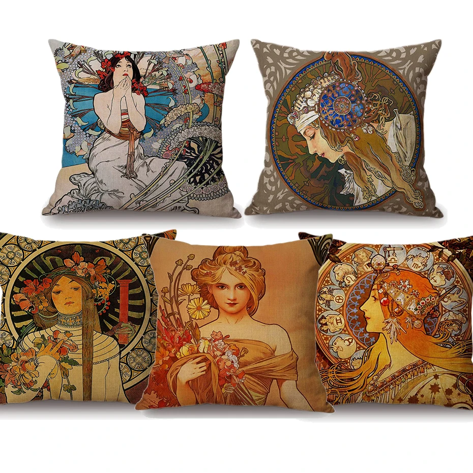 

Alphonse Maria Mucha Painting Cushion Covers Vintage European Art Nouveau Beautiflu Girl Cushion Cover Linen Pillowcase