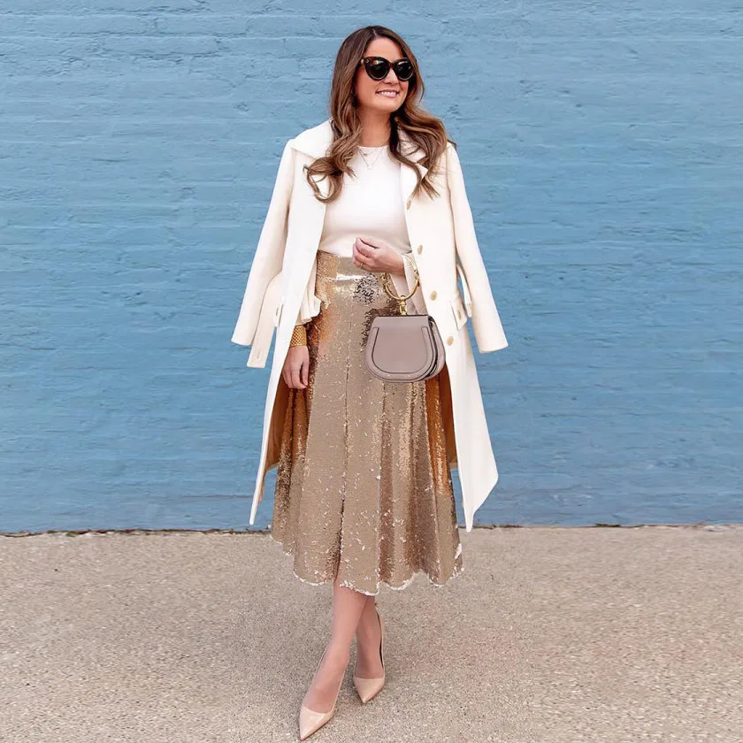 

High Waist Champagne Sequined Skirt Vintage A Line Pleated Sequins Women Skirts Mid-Calf 75 CM Saia Custom Made Any Size