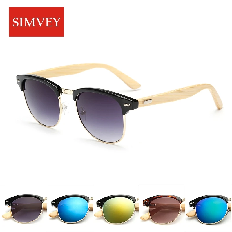 

Simvey Classic Retro Rivet Wooden Bamboo Sunglasses Vintage Brand Designer Half Frame Mirror Sun Glasses Gafas Oculos De Sol