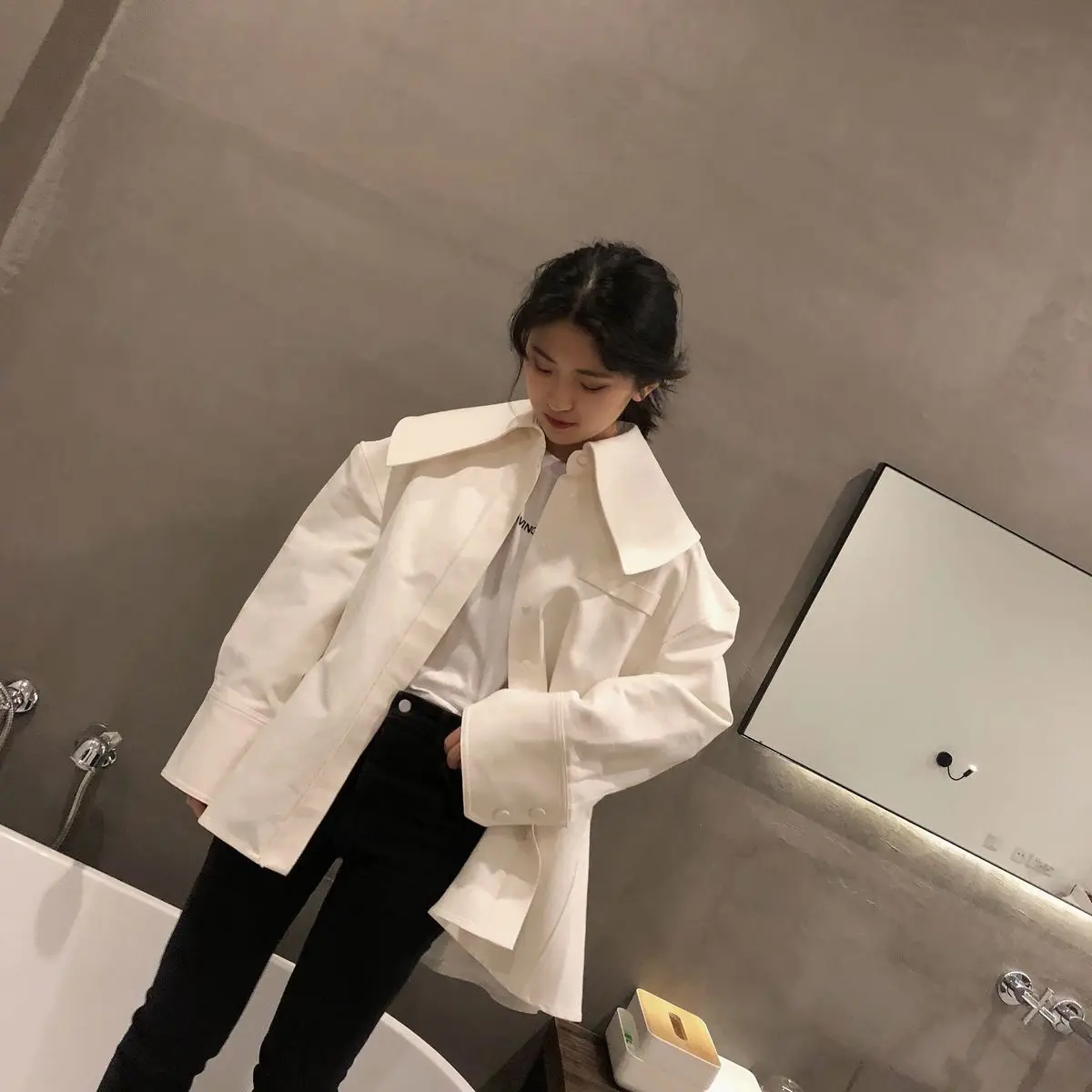Mode Poitrine Collar Arrivée 2018 De Poches Kb423 Unique Manteau Fold Nouvelle Automne down qlzw Lady Big Casual Turn Femmes Lâche White BxgXnp