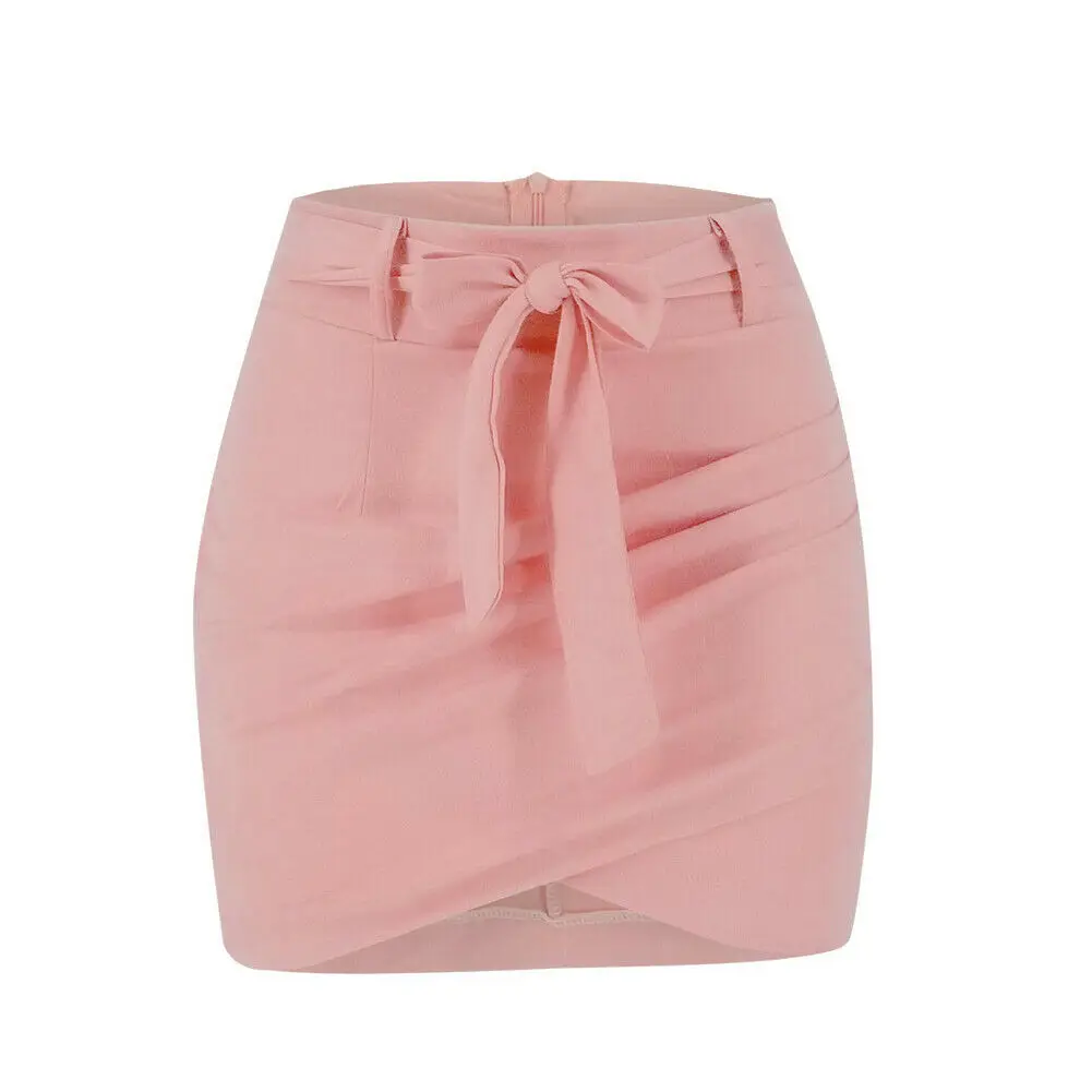 Асимметричный ремень замшевые юбки женские облегающие кожаные весенние юбки новые сексуальные уличные Бандаж с высокой талией короткие юбки femme - Цвет: Розовый