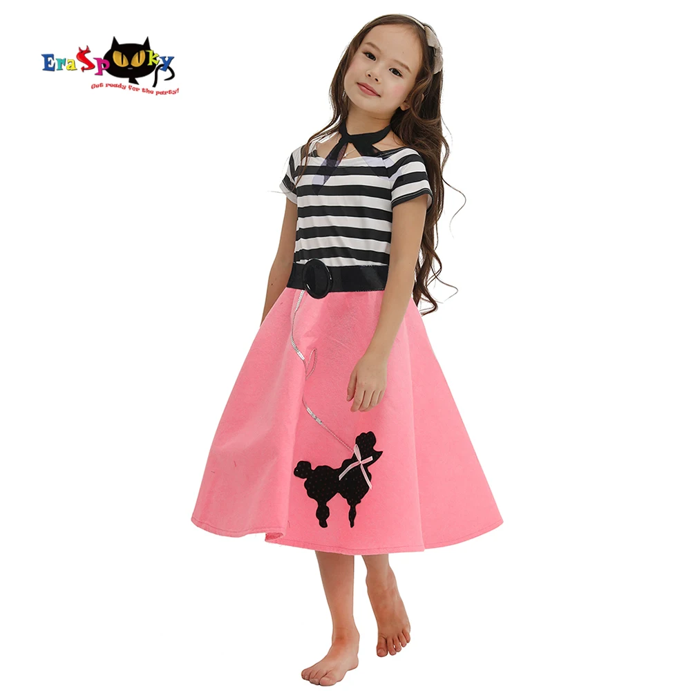 

Eraspooky 50s Pink Girl's Poodle Skirt Dress Halloween Costume For Kids Carnival Party Vintage Modern Grils Fancy Dresses Scarf
