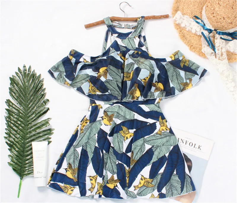 High Neck Swimwear For Women Print Leaf Beach Dress Swimsuit Femme Push Up Swim Wear Ladies May Sexy Bathing Suit Padded