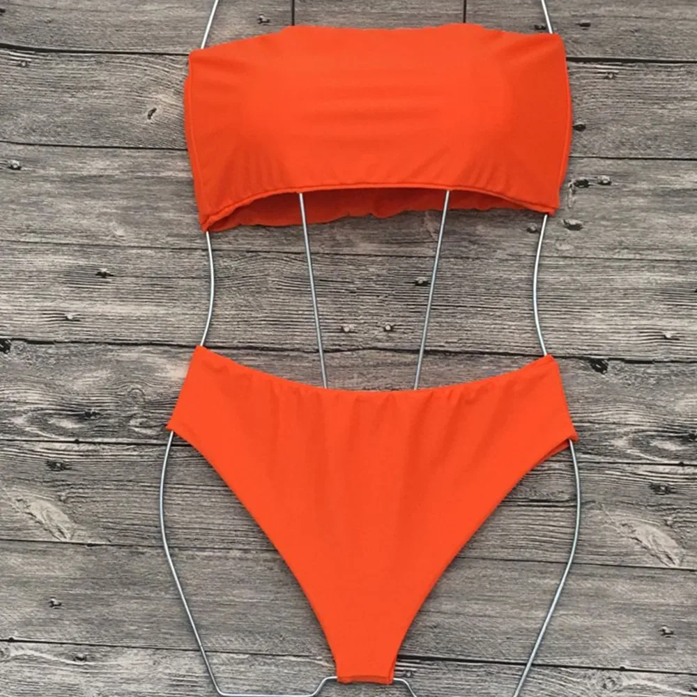 Женский сексуальный купальник без бретелек, Одноцветный, 5 цветов, купальник бикини, высокая талия, два предмета, женский купальник, популярный,, пляжная одежда - Цвет: Оранжевый