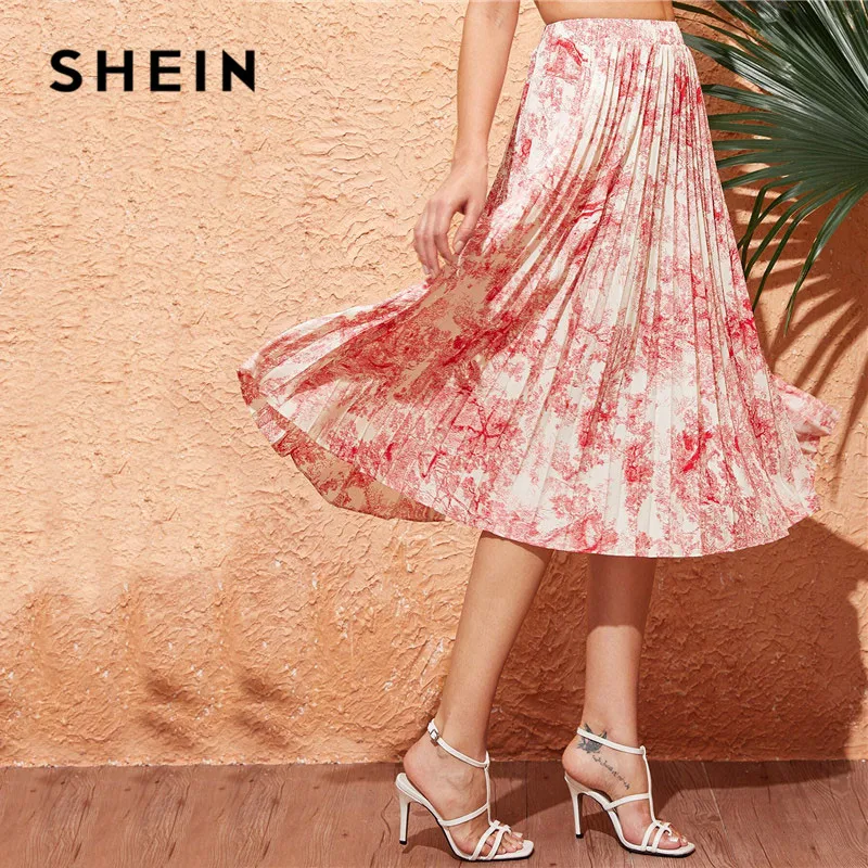 SHEIN, Женская плиссированная юбка с пейзажным принтом, весна-лето, Boho, высокая талия, длинные юбки для дам, трапециевидная элегантная юбка миди