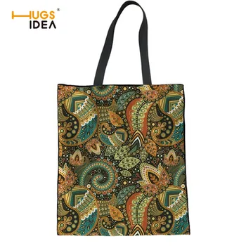 

HUGSIDEA African Traditional Style Folding Reusable Handbags Canvas Women Storage Bags Large Capacity Travel Shoulder Beach Bag