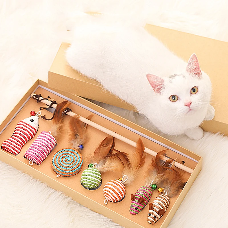 7 PCS Cat Toys Interactive Kitten Toys- Cat Toys Set Including Cat Fishing Pole, Cat Feather Teaser, Catnip Fish, Mice
