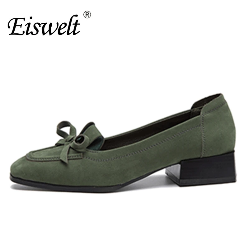 Eiswelt Fashion Ladies Low Heels Shoes Causal Square Toe Pumps Comfort Thick Heel Bow kont Shoes