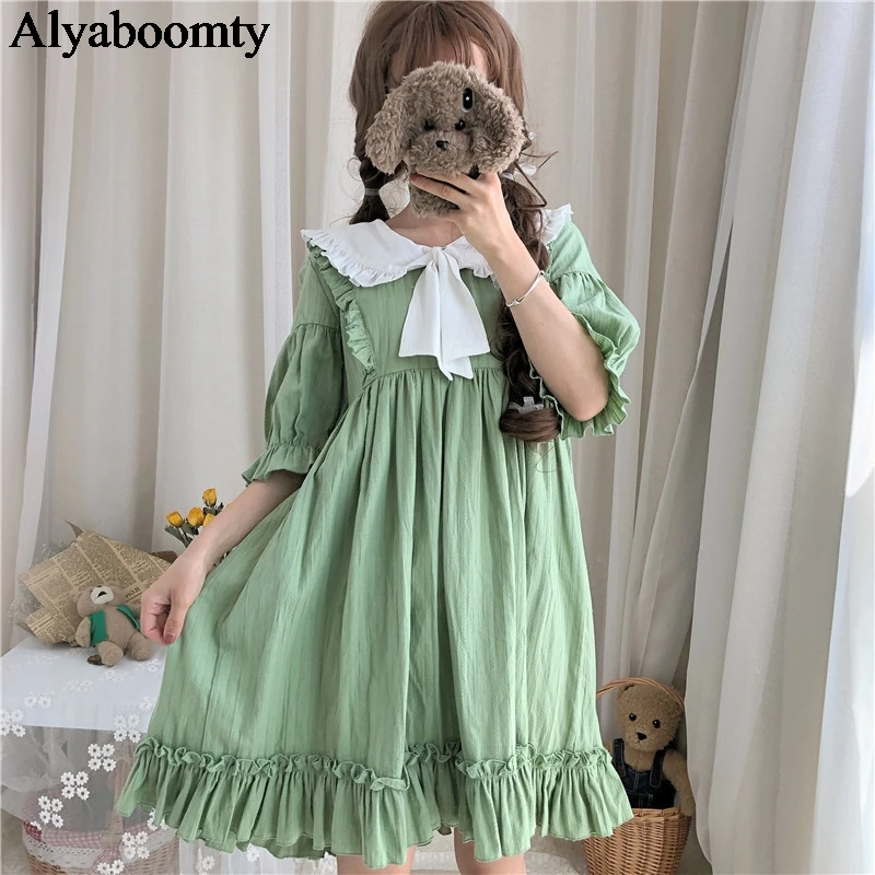 

Japanese Summer Women Lolita Style Dress Peter Pan Collar Bow Blue Green Cute Dress Mori Girl Preppy Ruffles Kawaii Cotton Dress