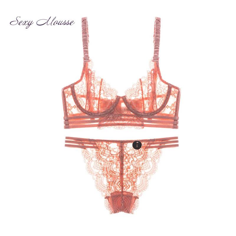  Sexy Mousse lace mesh embroidered VS women Bralette lingerie bras panty set plunge lace-up Underwea
